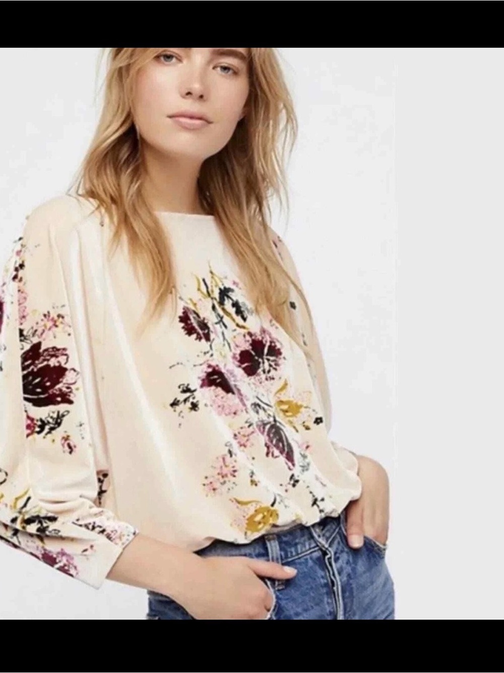 Free People Cream Floral Long Sleeve Velvet Bodysuit
